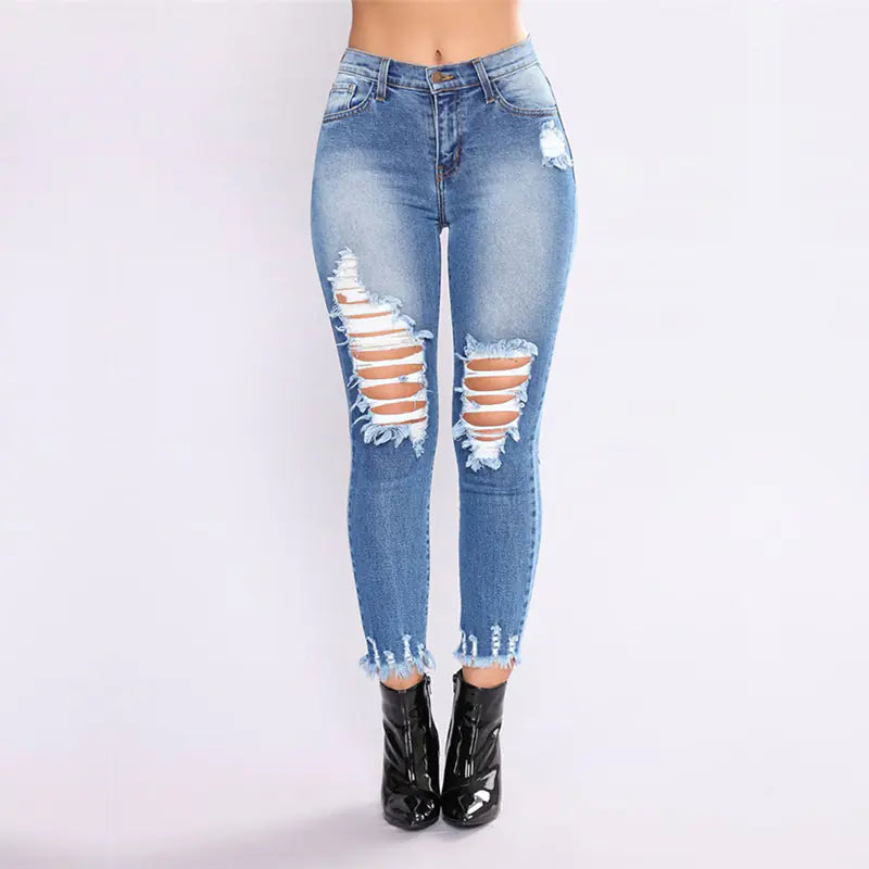 Blue Tassel Ripped High Waist Skinny Jeans for Women