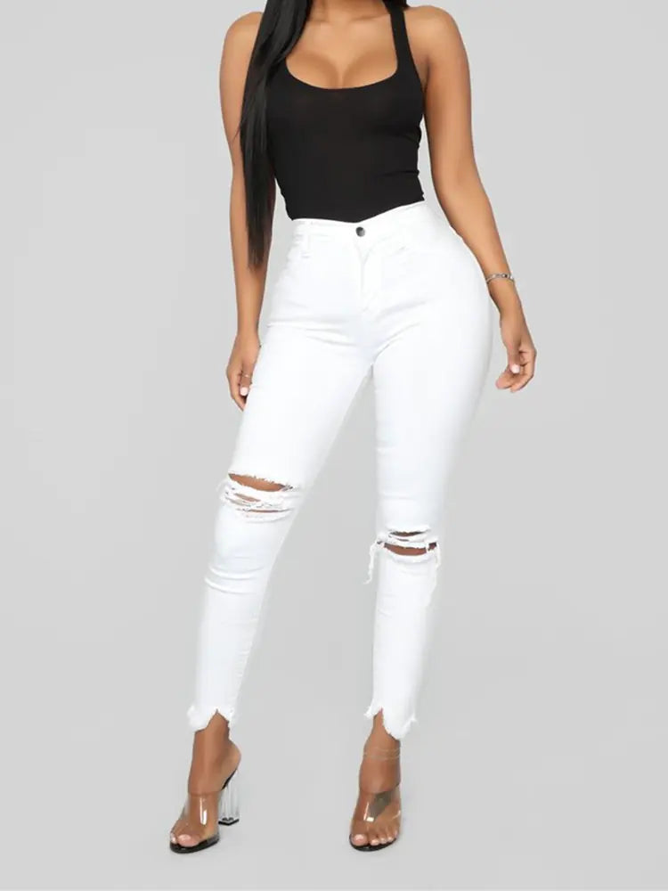 Women's Black Ripped Skinny Jeans with High Waist Fit
