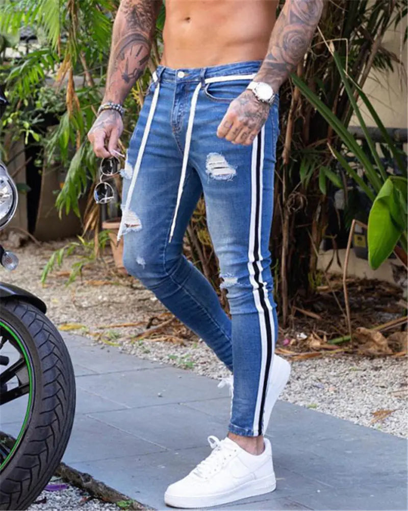 Men's Ripped Denim Trousers - Slim Fit Casual Pants