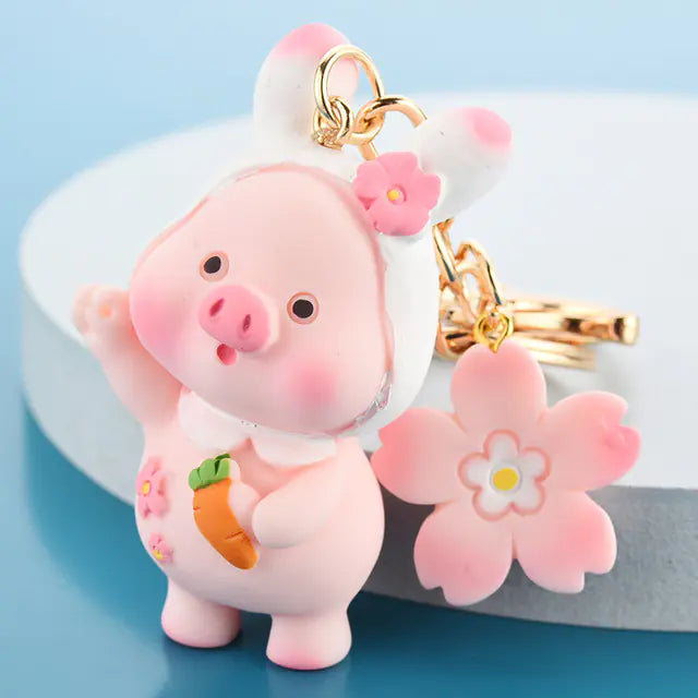 3D Cute Pink Pig Flower Keychain for School Bags