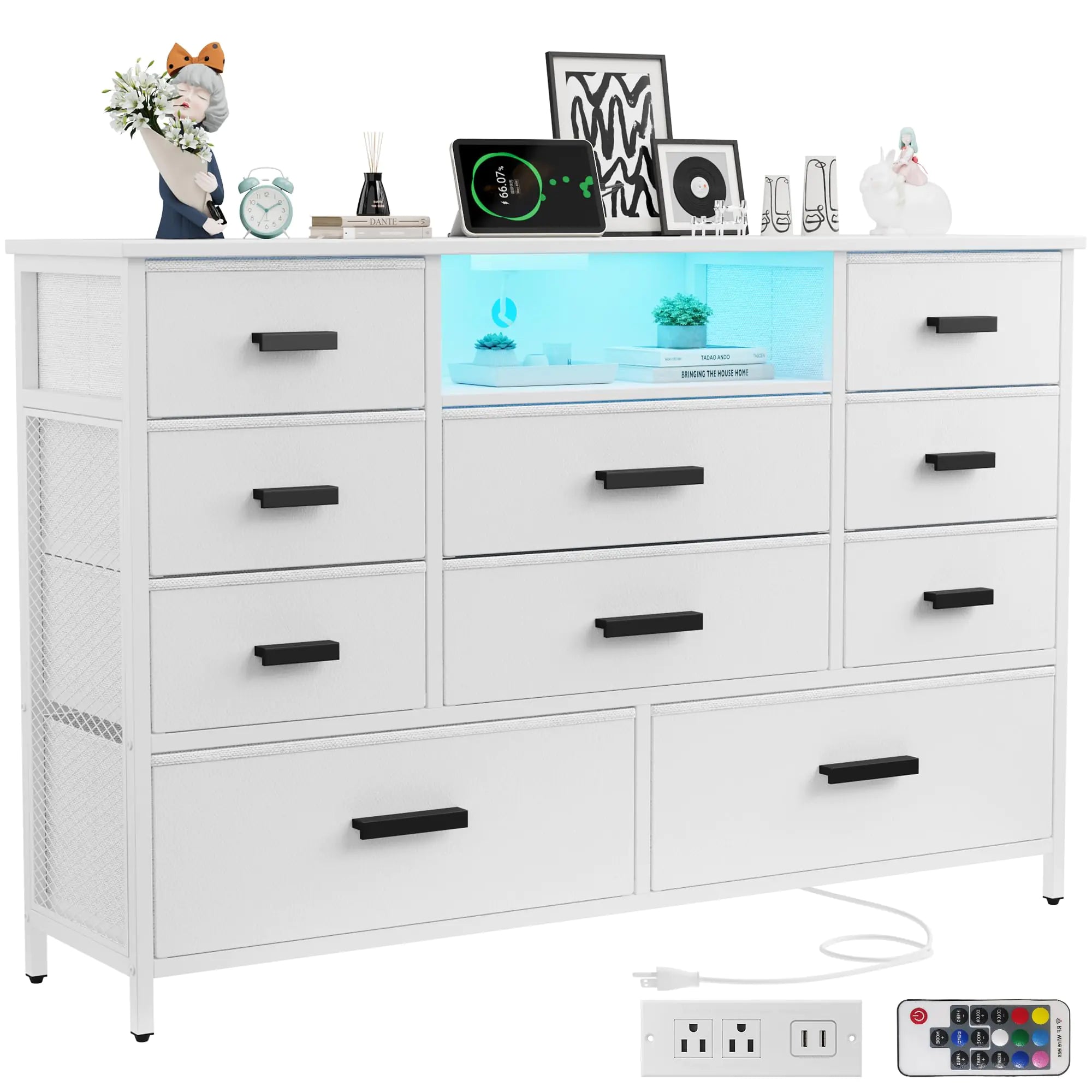 Harpaq White Dresser for Bedroom with 10 Drawers Dresser with Charging Station TV Stand Dresser with LED Light for 55" TV Fabric Drawer Dresser with PU Finish Chest Dresser for Bedroom Closet