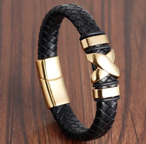 Stainless Steel Men's Leather Braided Bracelet
