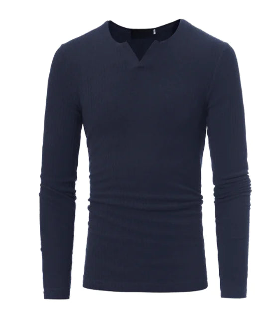Men's Long Sleeve V-Neck Knit Top - Solid Color T-Shirt