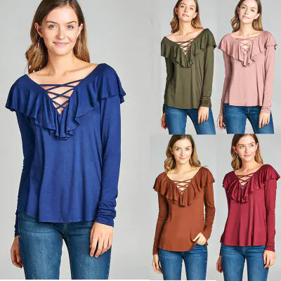 Long Sleeve V-Neck Ruffle Solid Color T-Shirt for Women