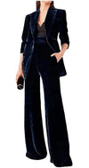 Botong Womens 2 Piece Velvet Suit Office Work Suit Notch Lapel Double Breasted Blazer Pants Business Suit Set Navy1 S