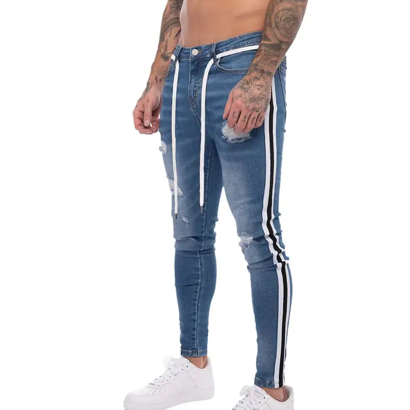 Slim-Fit Striped Men's Jeans with Holes