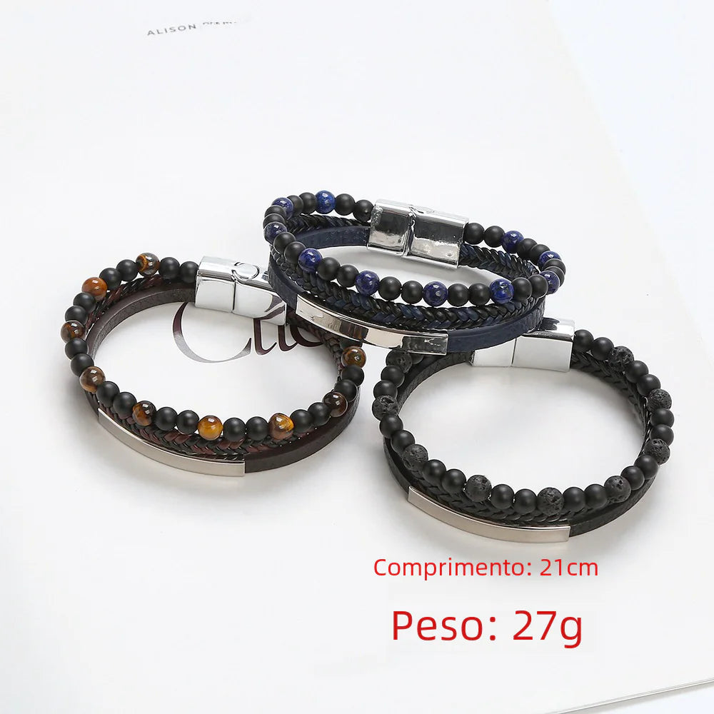 Men's Stainless Steel Leather Bracelet with Magnetic Clasp