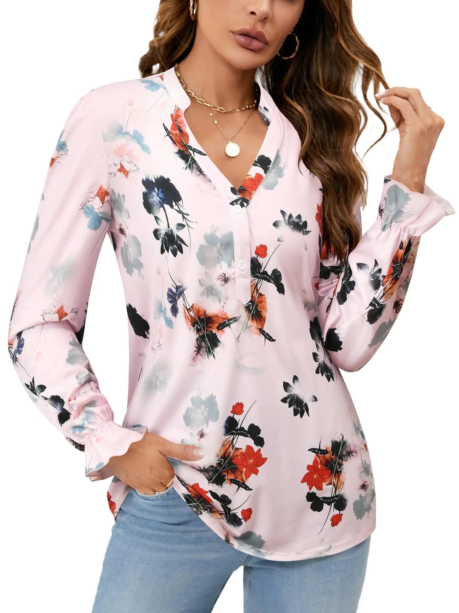 Women Henley Tops Floral V-Neck Button Down Shirts Puff Long Sleeve Tunic Blouses Ruffle Cuffs Tops Dressy T-Shirts (Pink 2XL)