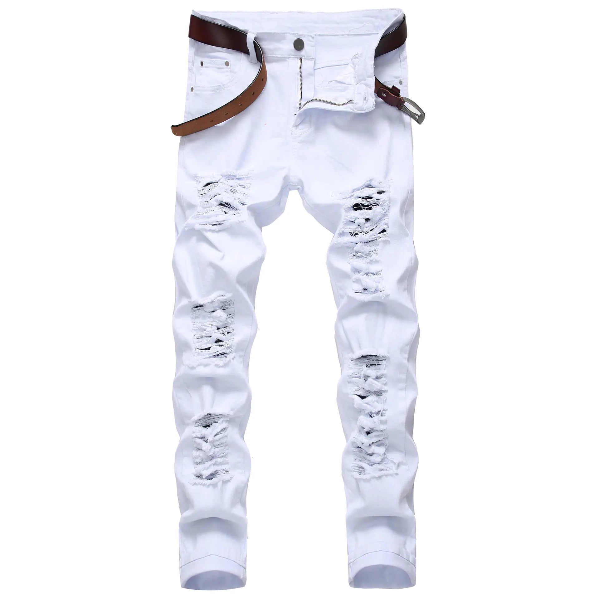 Men's White Ripped Skinny Jeans - Slim Fit Denim Pants