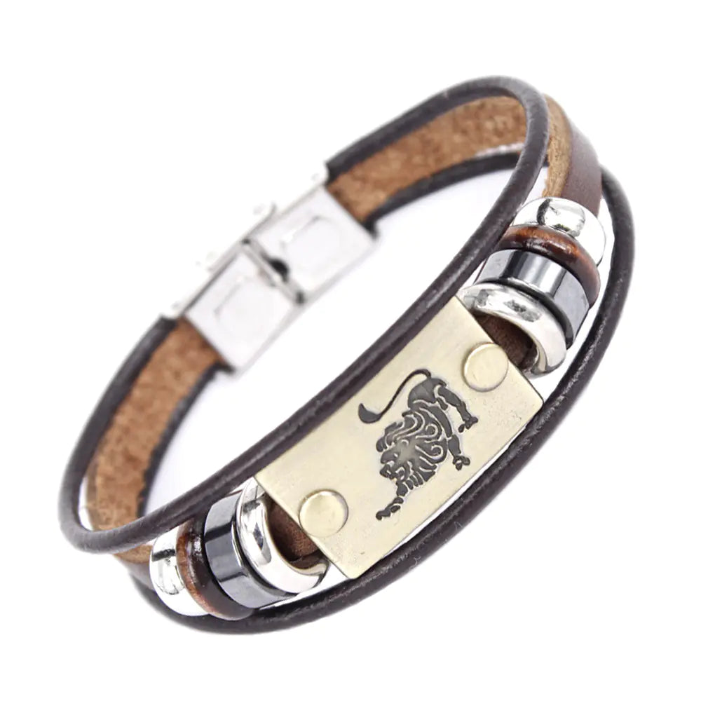 Zodiac Leather Bracelet with Stainless Steel Clasp