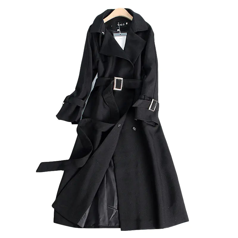 Solid Color Double-Breasted Waist-Defining Trench Coat