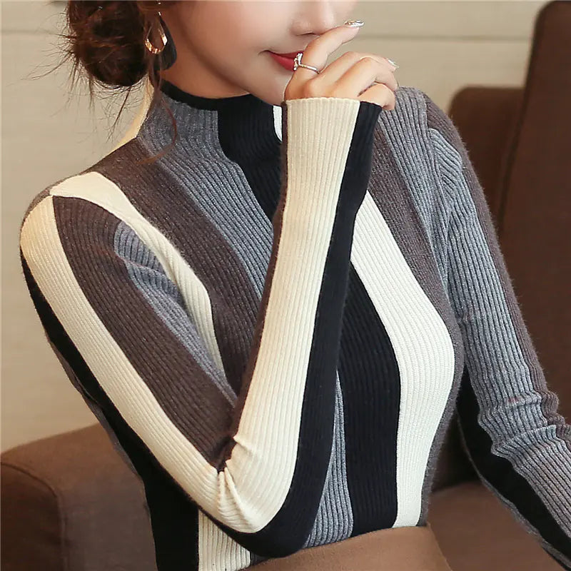 Women's Striped Knit Turtleneck Sweater Top