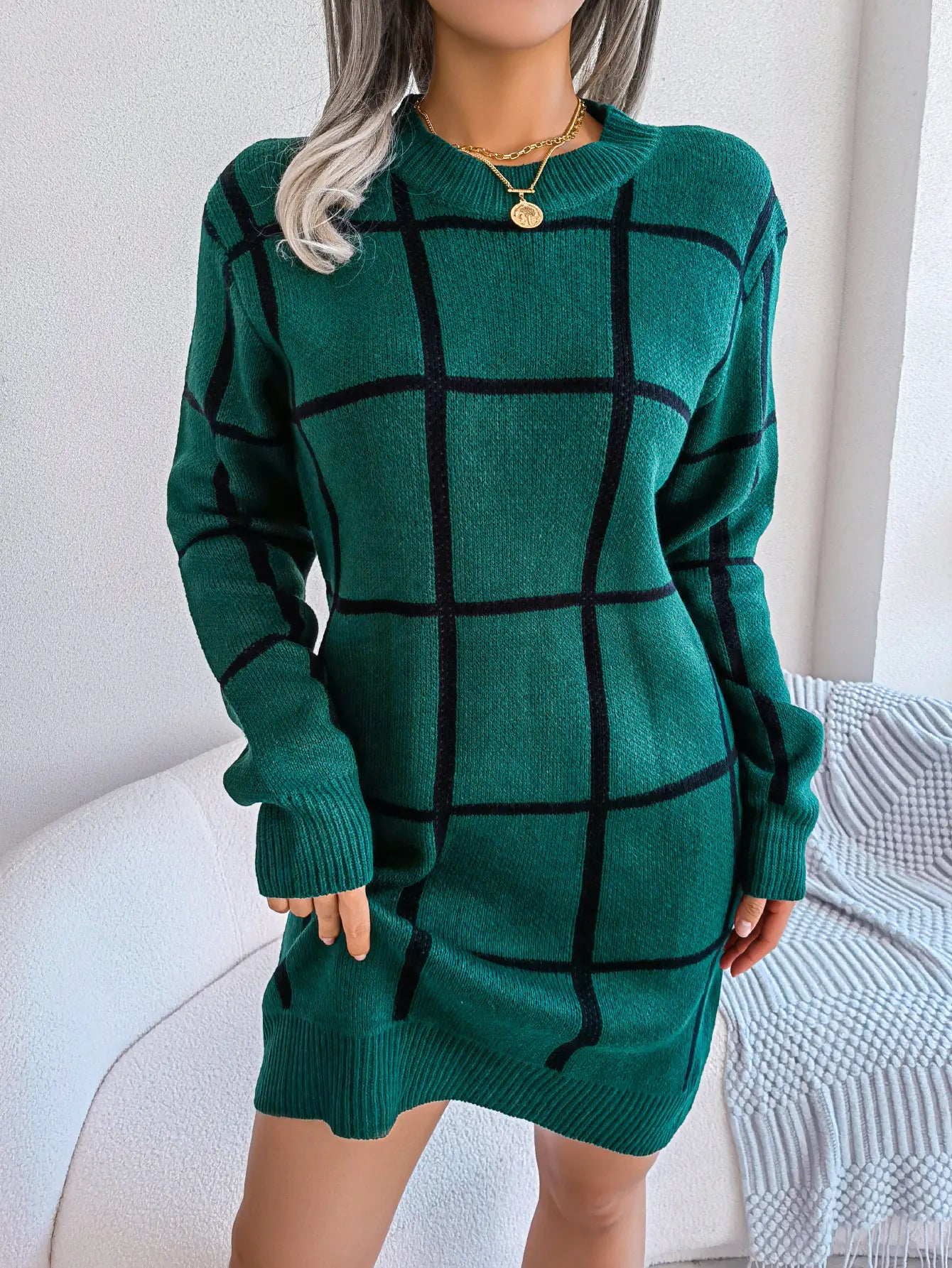 Chic Plaid Contrast Sweater Dress
