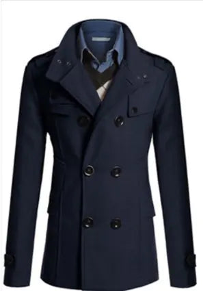 Men's Long Sleeve Wool Trench Coat with Stand Collar