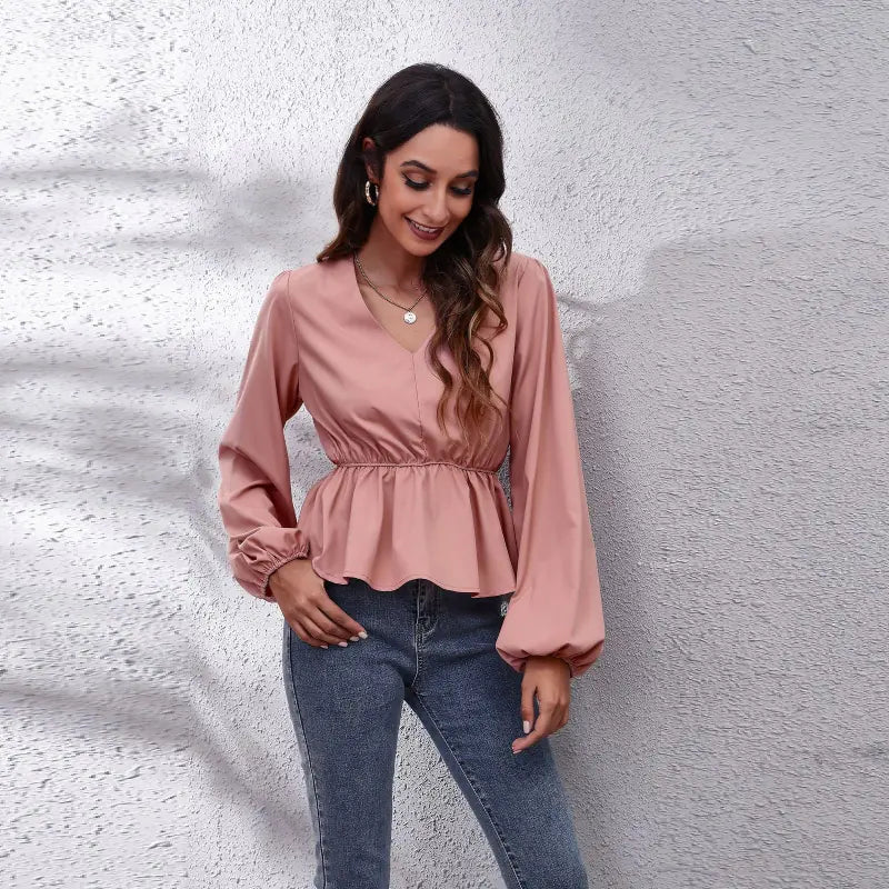 Solid Color V-neck Long-sleeve Chiffon Shirt for Women
