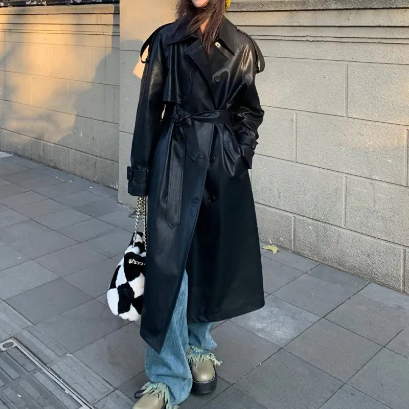 Advanced Sense Thick Loose Black Leather Coat