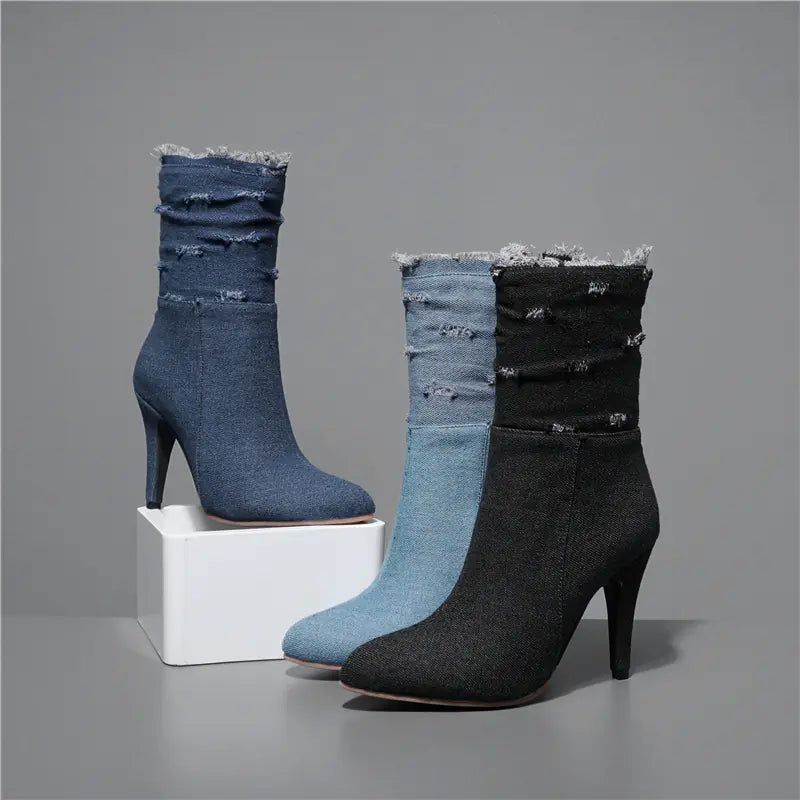 Pointed Toe High Heel Ripped Women's Denim Ankle Boots
