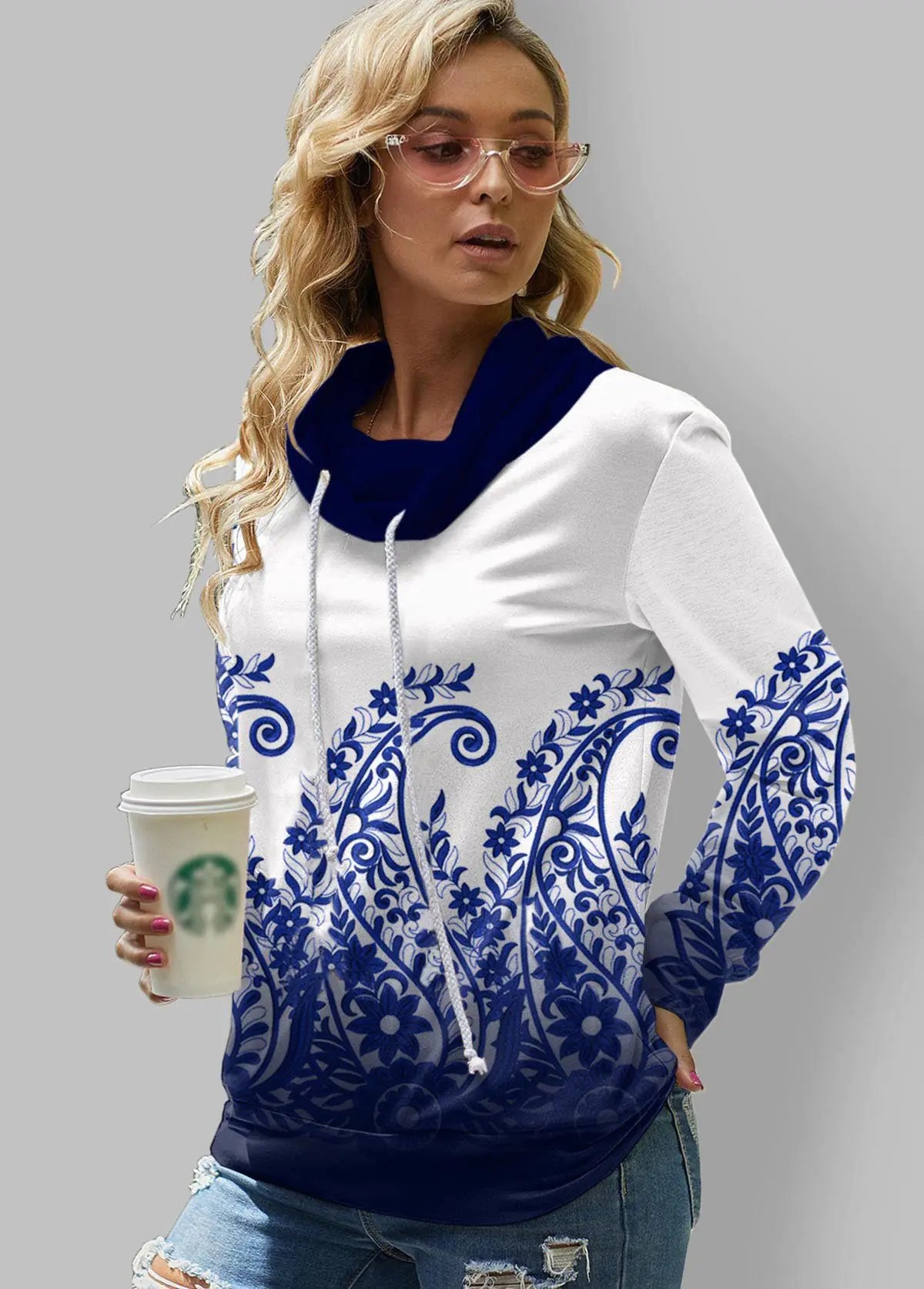 Checkered Long Sleeve Turtleneck Sweatshirt for Women