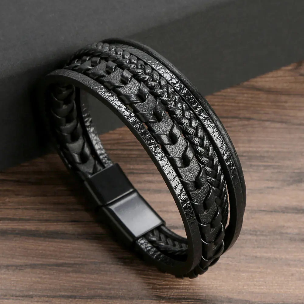 Men's Multi-Layer Leather Braided Bracelet with Magnetic Clasp