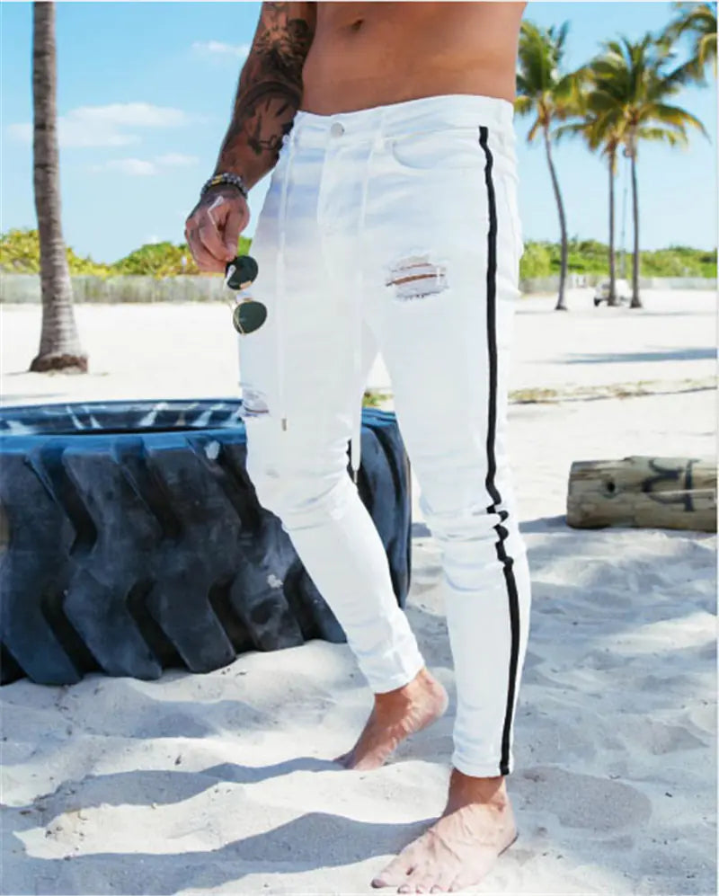 Men's Ripped Denim Trousers - Slim Fit Casual Pants