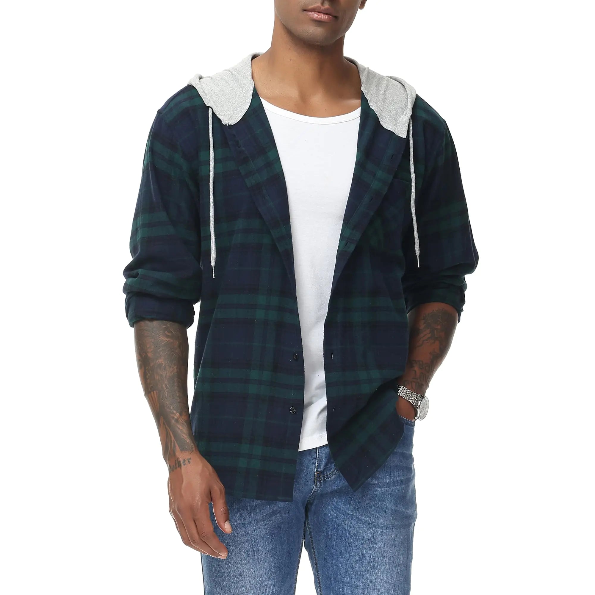 MCEDAR Mens Flannel Hoodie Plaid Shirts Jacket Casual Long Sleeve Button Down Lightweight Hooded Shirt (Green Plaid 114203XL)