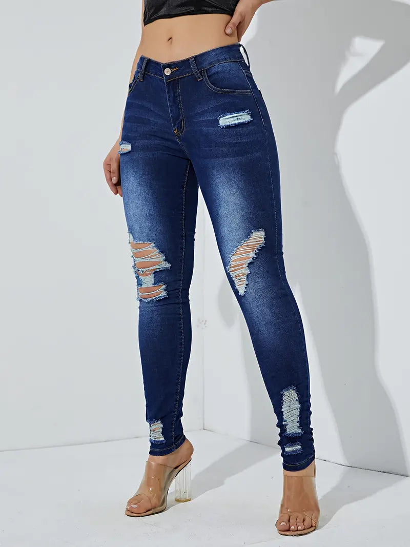 Blue Ripped Skinny Leg High Waist Denim Jeans for Women