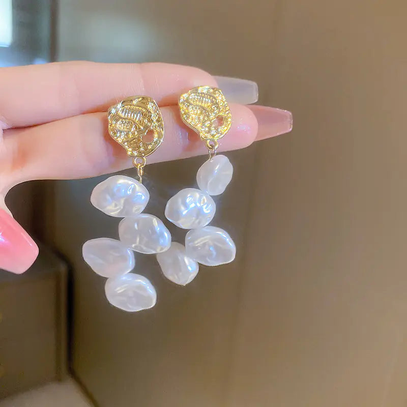 Silver Needle French Baroque Pearl Flower Tassel Earrings