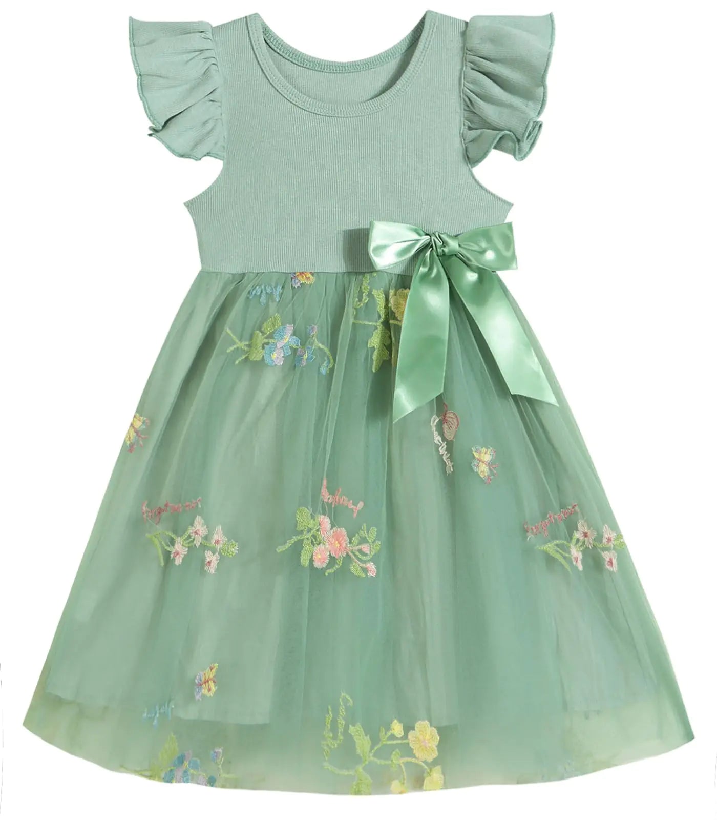 Niyage Toddler Girls Dress Tulle Tutu Ruffle Sleeveless Baby Kids Casual Princess Dresses Embroidery Green 150
