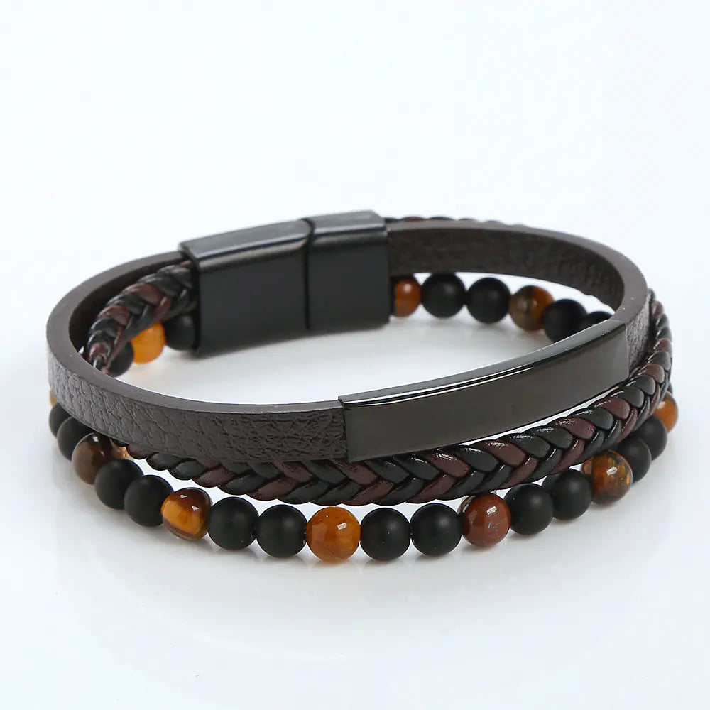 Men's Stainless Steel Leather Bracelet with Magnetic Clasp