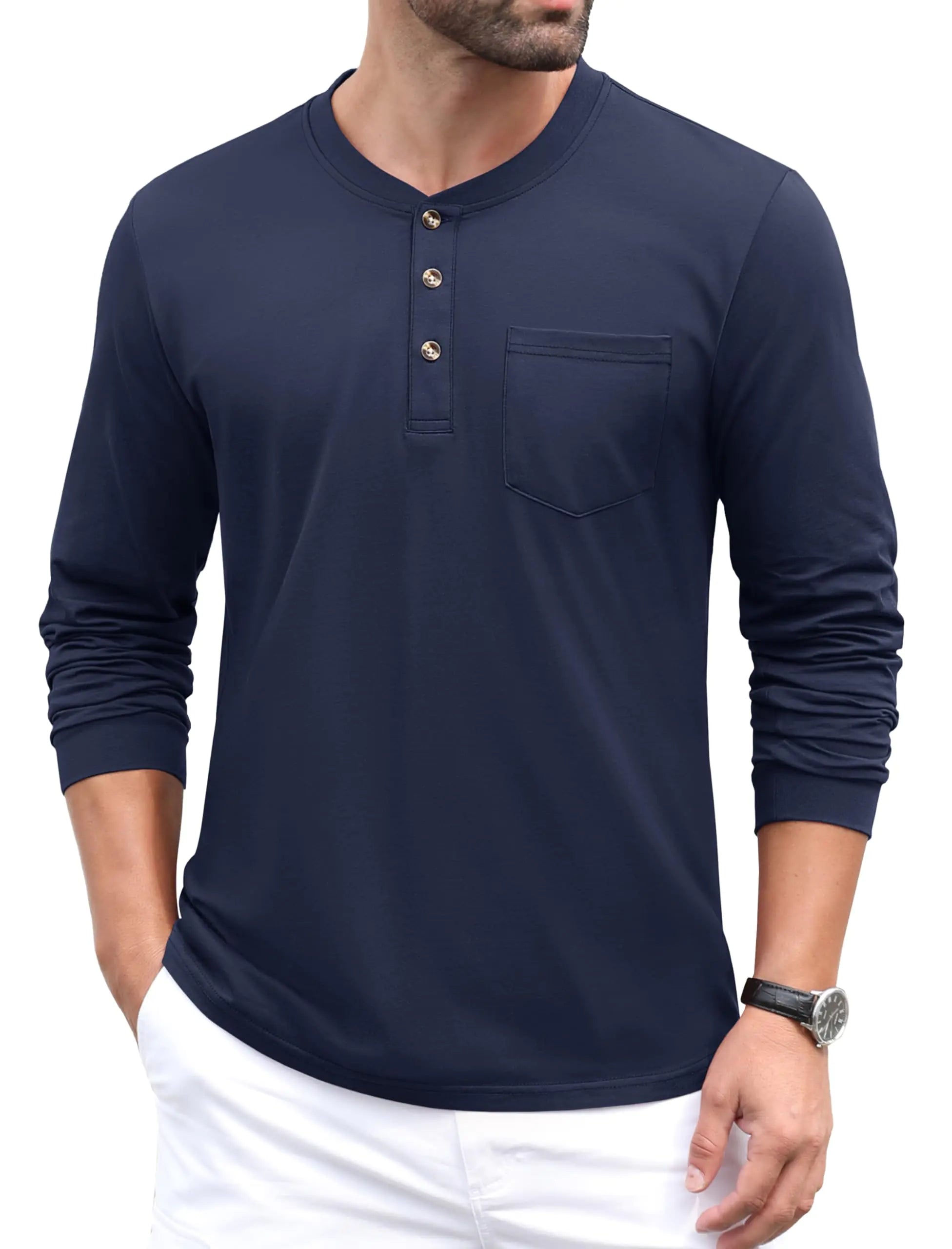 MAGCOMSEN Mens Long Sleeve Henley Shirts Plain Casual Pocket T Shirts Summer Vintage Cotton T Shirts Fitted Moisture Wicking Tops Nevy Blue S