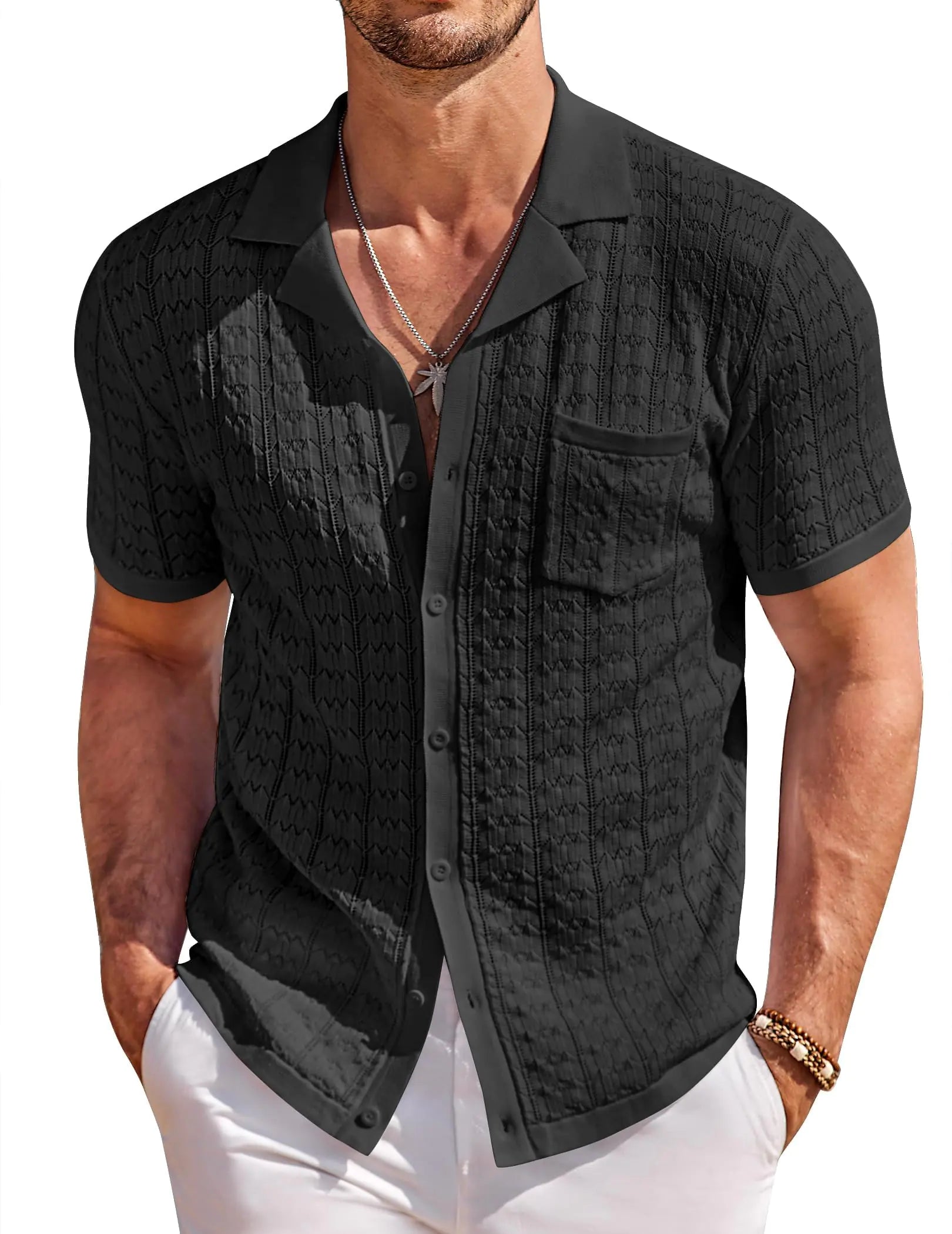 COOFANDY Mens Knit Button Down Shirt Vintage Short Sleeve Polo Shirts Casual Beach Shirts Top Black