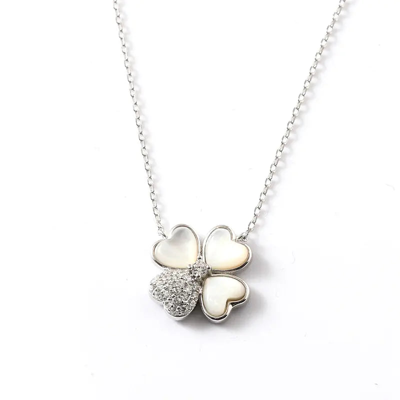 S925 Silver Clover Necklace with Zircon and Shell Pendant