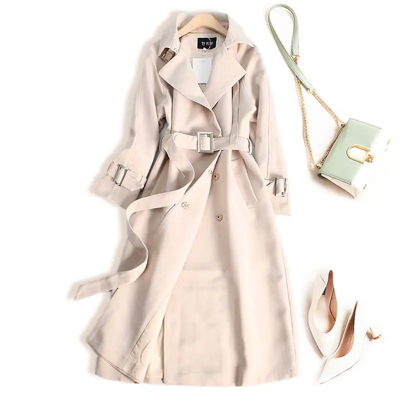 Solid Color Double-Breasted Waist-Defining Trench Coat