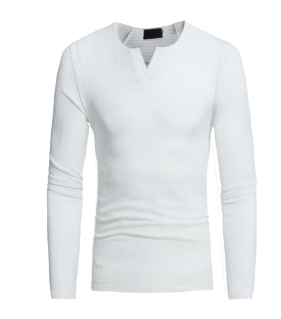 Men's Long Sleeve V-Neck Knit Top - Solid Color T-Shirt