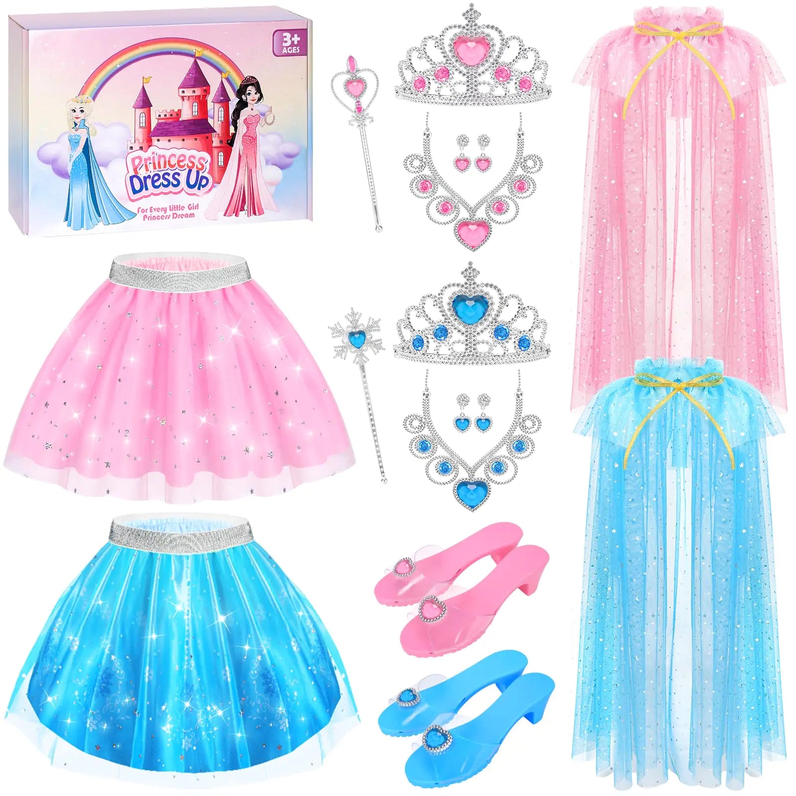 Princess Dress Up Clothes for Little Girls Toddlers Princess Costume Set with Princess Cape Tutu Crown Shoes Play Jewelry Kids Pretend Play & Dress Up Princess Toys & Gifts for Girls Toddlers