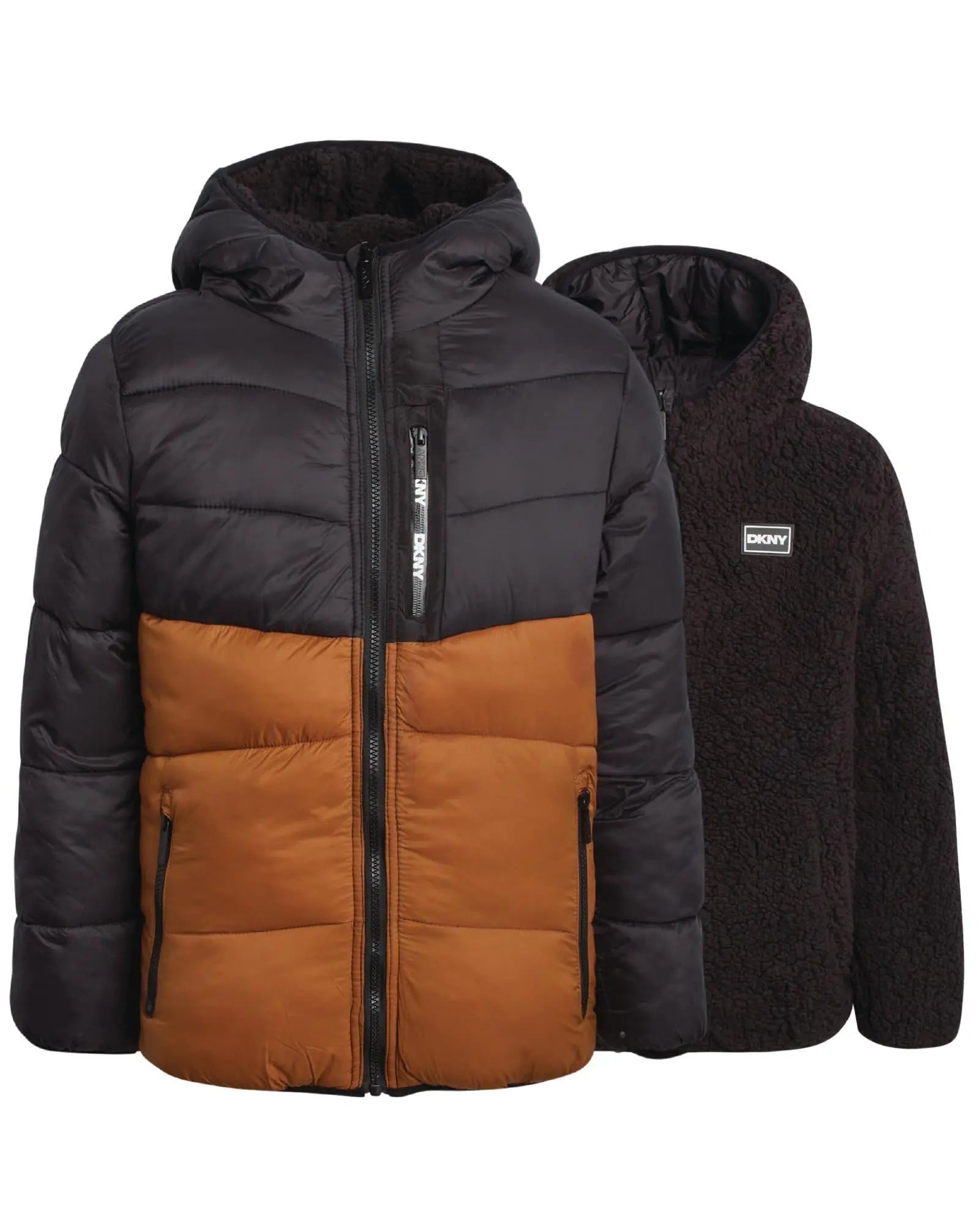 DKNY Boys Puffer Jacket - Full Zip Up Hooded Reversible Puffer to Sherpa Winter Jacket - Heavyweight Jackets for Boys (8-20) Size 18-20 Timber/Black