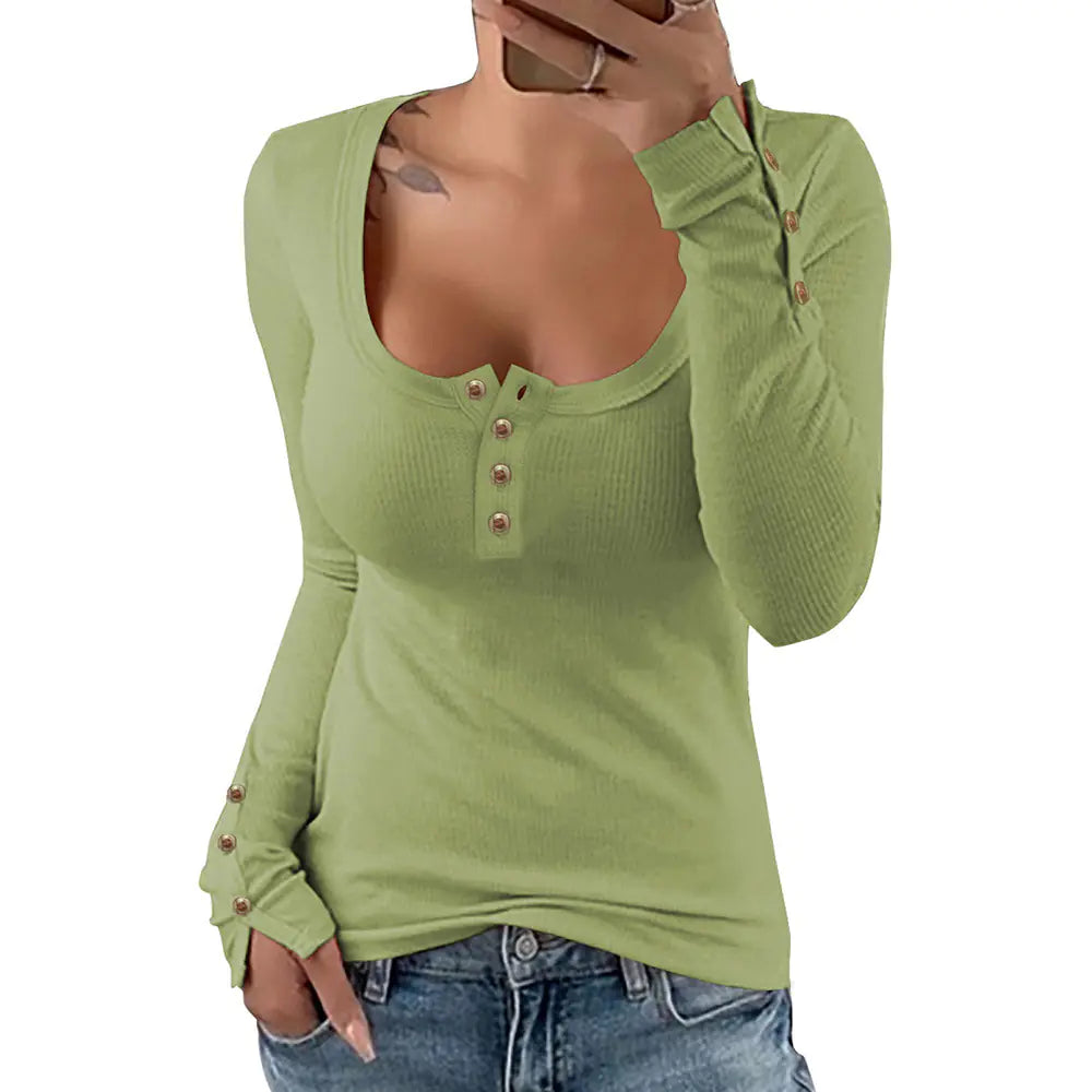 Solid Color Slim Fit Square Neck Knit T-shirt for Women