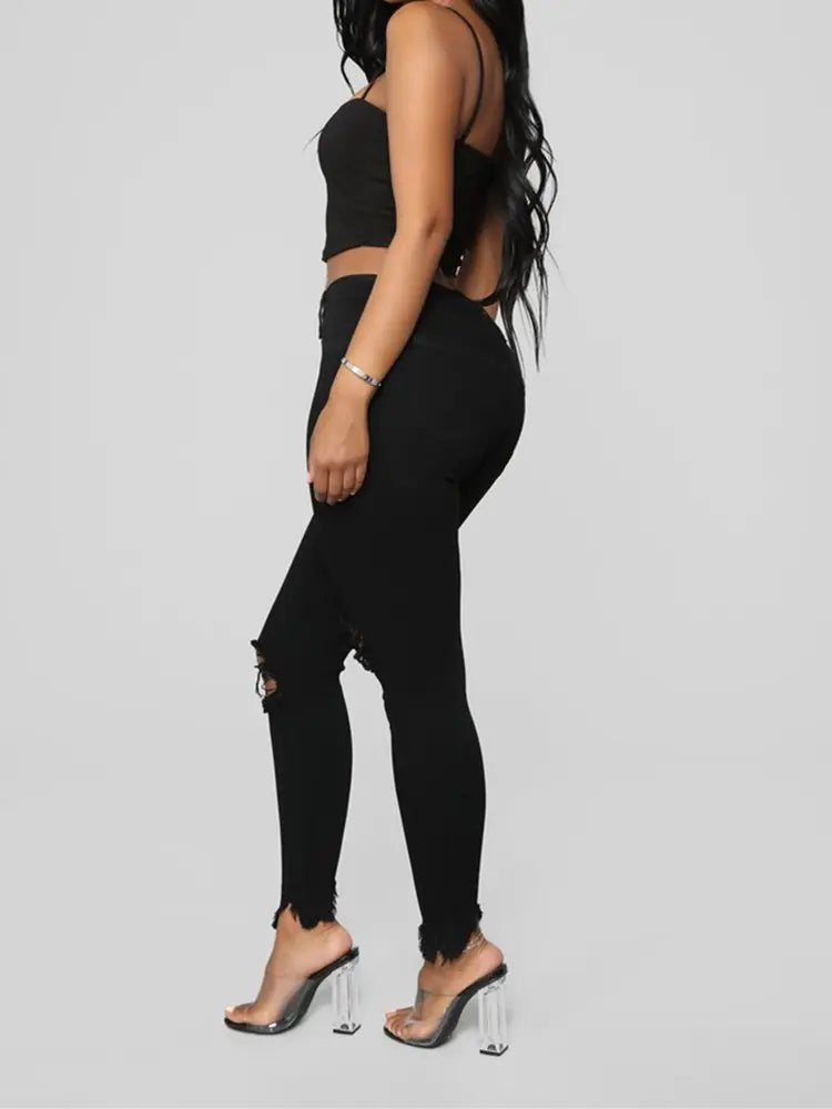 Women's Black Ripped Skinny Jeans with High Waist Fit