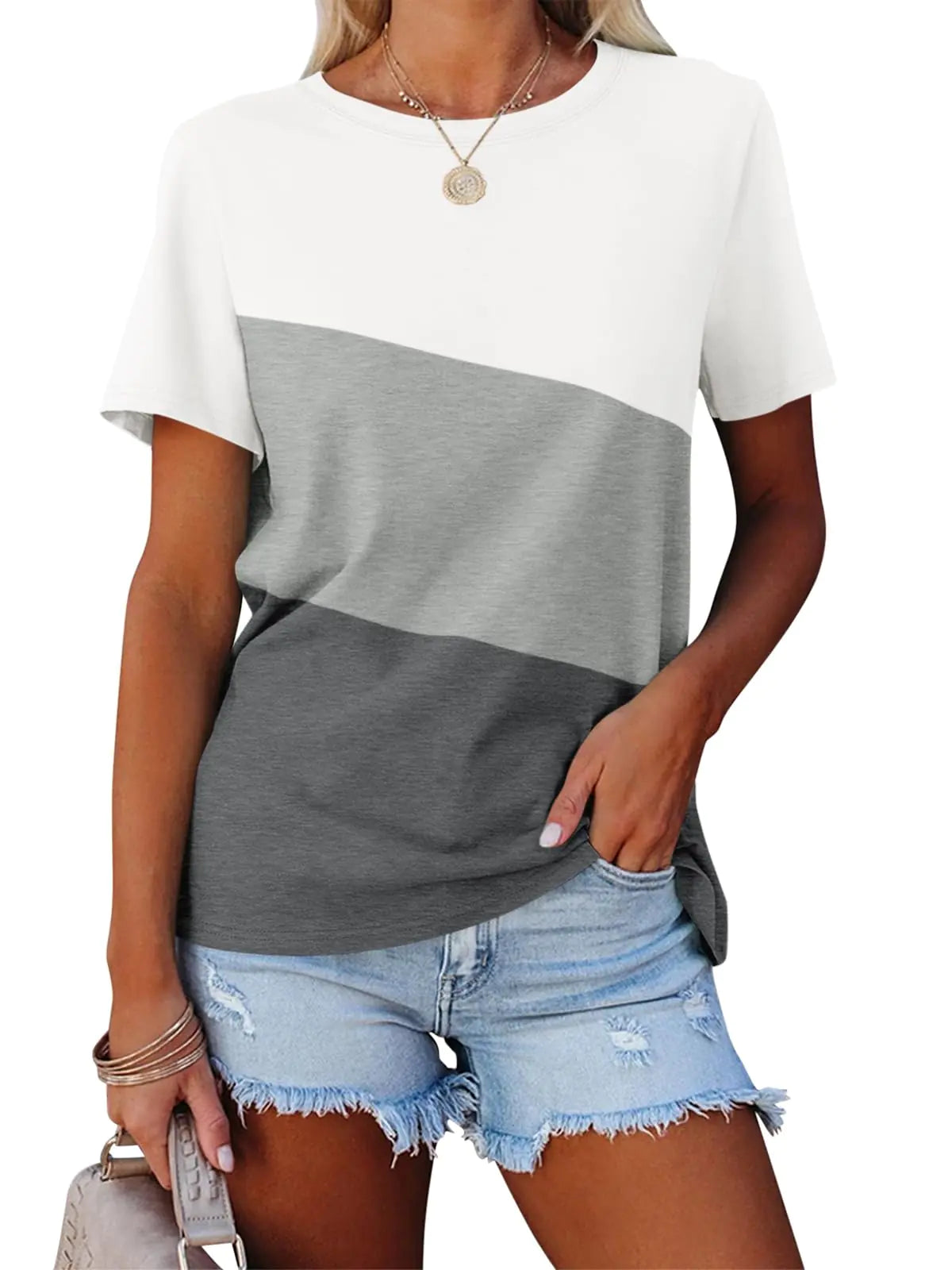 ORANDESIGNE Womens Color Block Short Sleeve T Shirts Casual Crew Neck Tops Basic Summer Loose Fit Tees