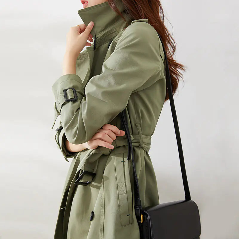 Solid Color Double-Breasted Waist-Defining Trench Coat