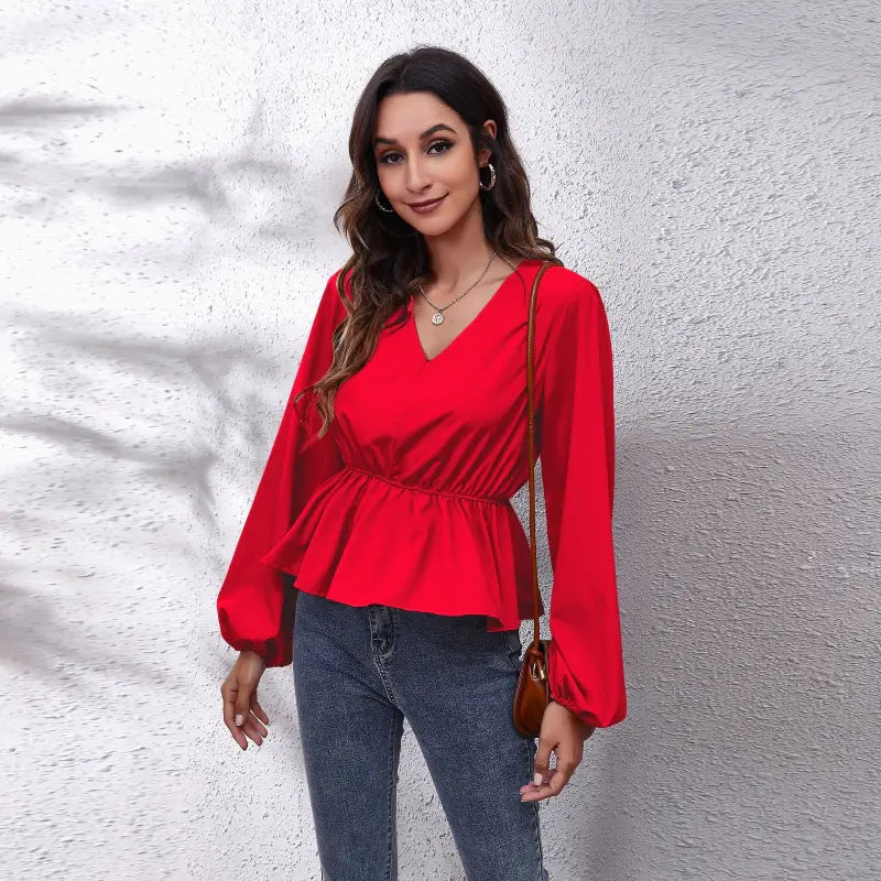 Solid Color V-neck Long-sleeve Chiffon Shirt for Women