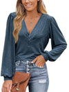 ZAAYO Womens Long Sleeve Tops Dressy Casual V Neck Shirts Fall Puff Sleeve Loose Tunic Trendy Tops Blouses Blue