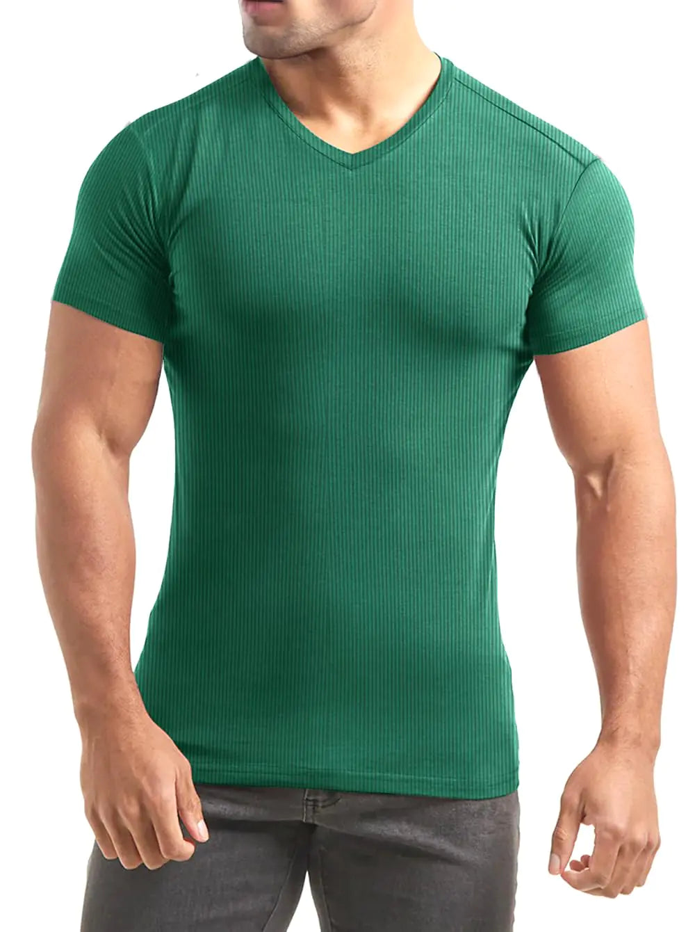 Lehmanlin Mens Muscle T Shirts Slim Fit Athletic Bodybuilding T-Shirts Stretch Ribbed Lightweight V Neck Undershirt Top (Green/M)