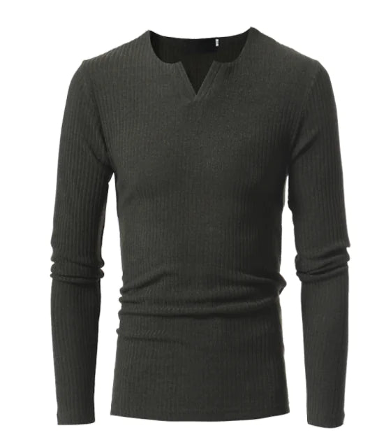 Men's Long Sleeve V-Neck Knit Top - Solid Color T-Shirt