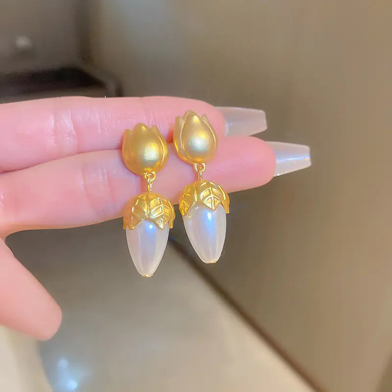 Silver Needle French Baroque Pearl Flower Tassel Earrings