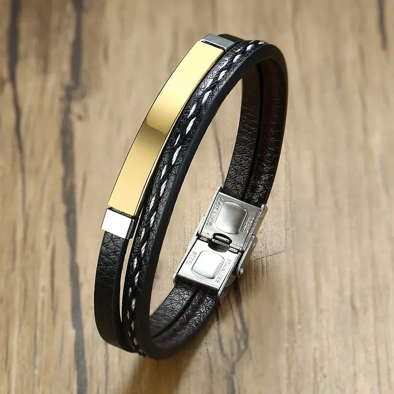 Men's Black PU Leather Braided Bracelet in Stainless Steel