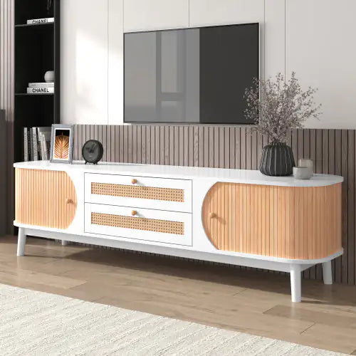 Rattan TV Stand For TVs Up To 75'', Modern Farmhouse Media Console, Entertainment Center With Solid Wood Legs, TV Cabinet For Living Room,Home Theatre