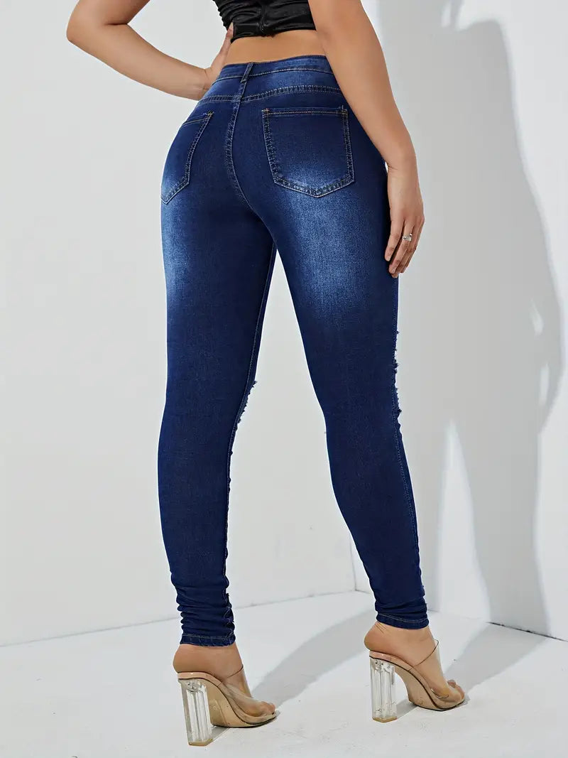 Blue Ripped Skinny Leg High Waist Denim Jeans for Women