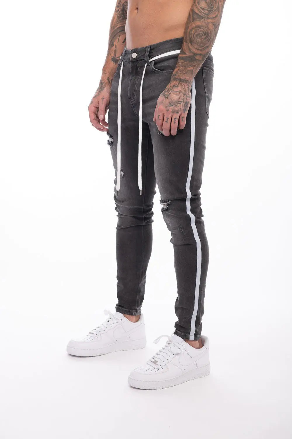 Slim-Fit Striped Men's Jeans with Holes