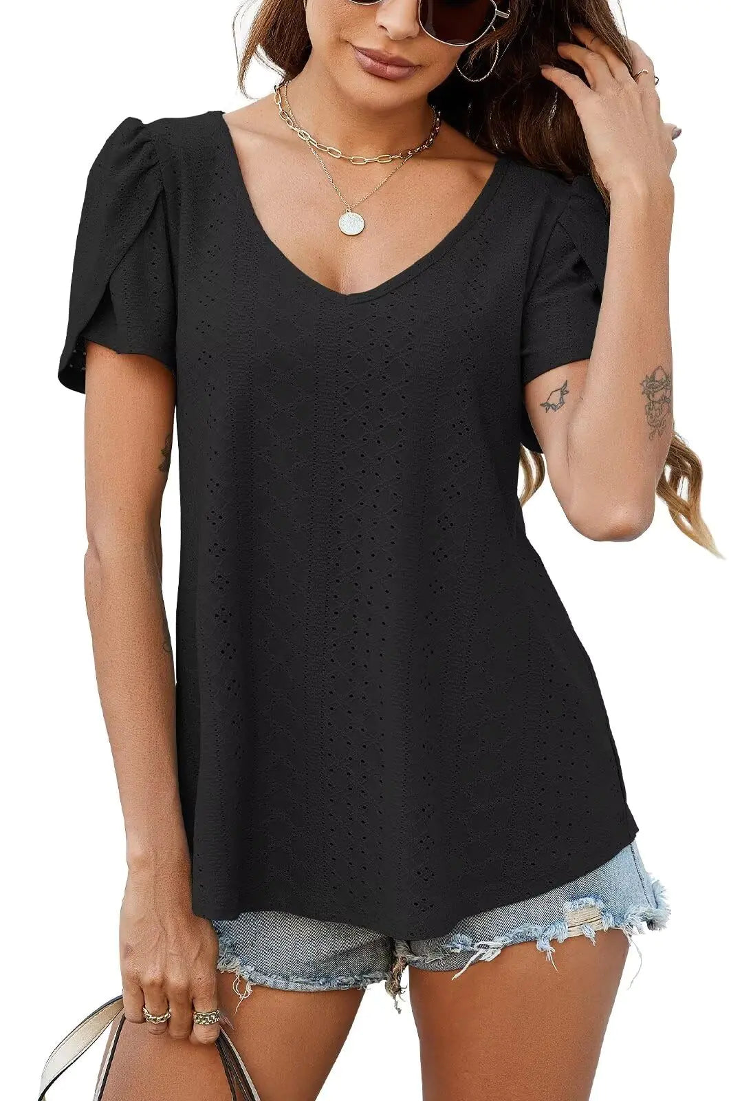BELAROI Plus Size Womens Tops Summer Casual T Shirts V Neck Blouses Tunic Loose Fit Petal Sleeve(Black Eyelet 4X)